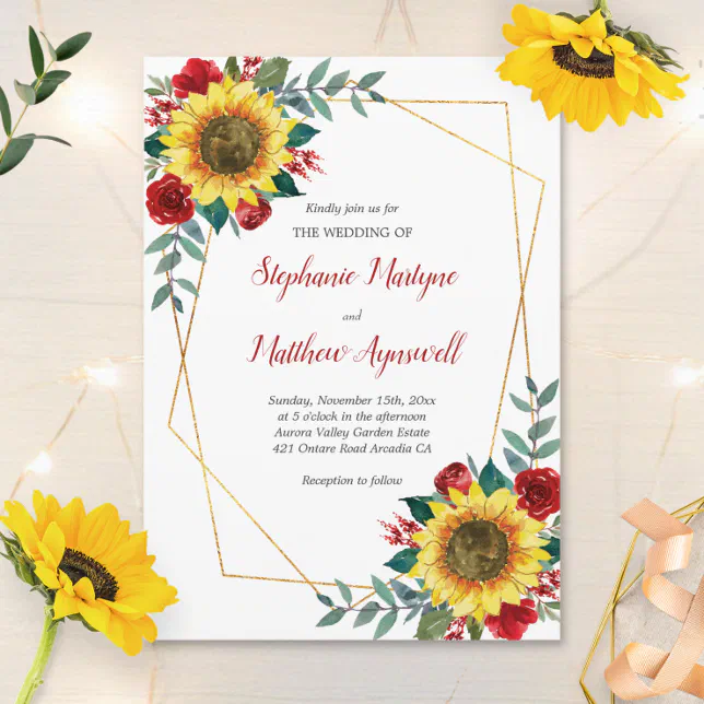 Geometric Sunflower Red Roses Floral Wedding Invitation | Zazzle