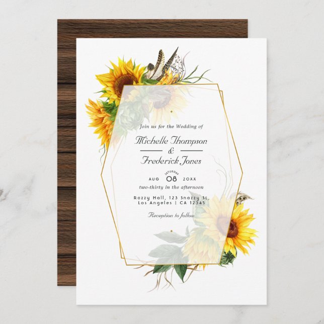 Geometric Sunflower Rustic QR Code RSVP Wedding Invitation (Front/Back)