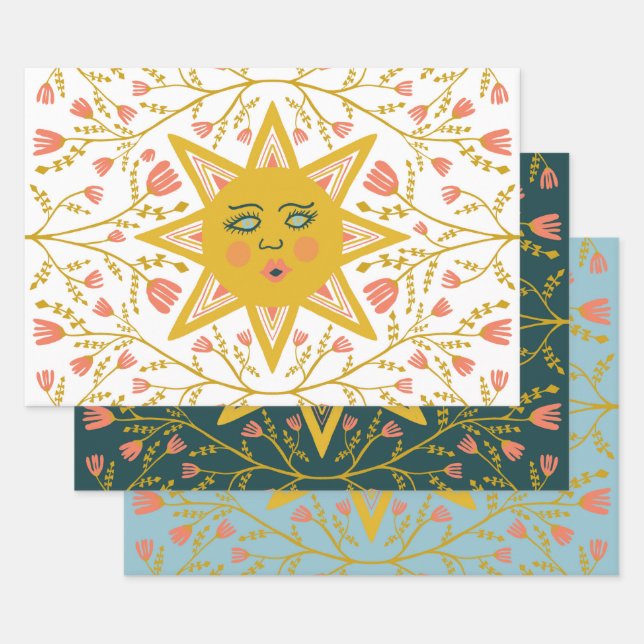 Geometric Suns Vines FLowers Pink Blue Green Wrapping Paper Sheets (Set)