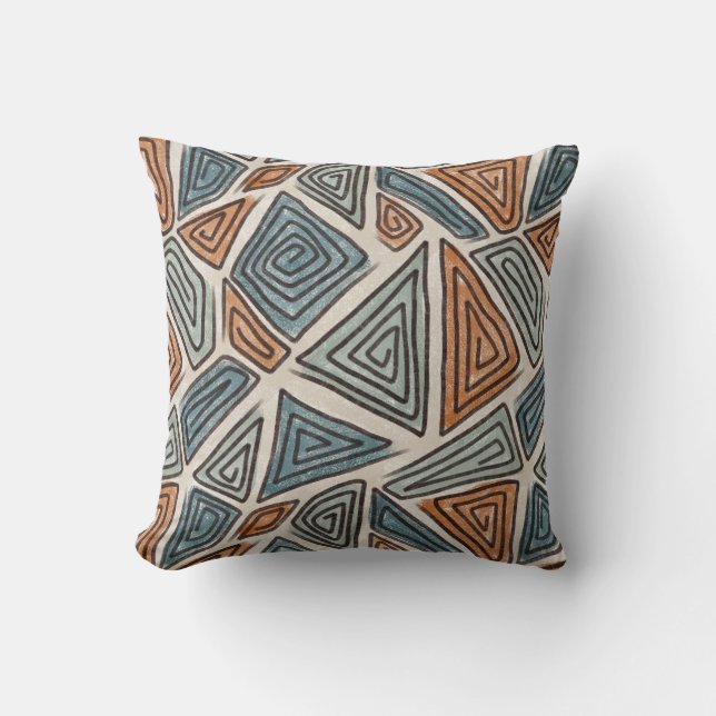 Geometric Swirls, Teal, Olive Green, Rust Throw Pillow (Front)