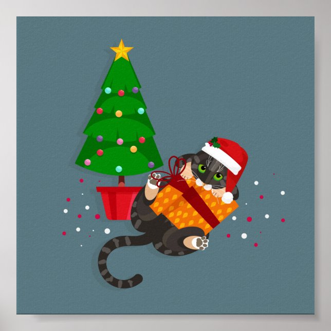 Geometric Tabby Cat playing with christmas present Poster (Front)