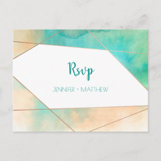Geometric Teal and Peach Watercolor RSVP | Invitation Postcard