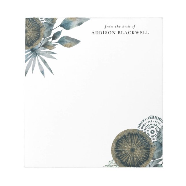 Geometric Teal Blue Gold Leaves From The Desk Of Notepad (Front)