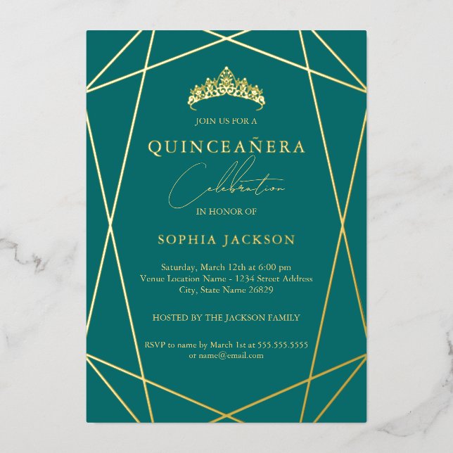 Geometric Teal Gold Elegant Quinceanera Foil  Foil Invitation (Front)