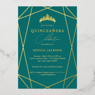 Geometric Teal Gold Elegant Quinceanera Foil Invitation