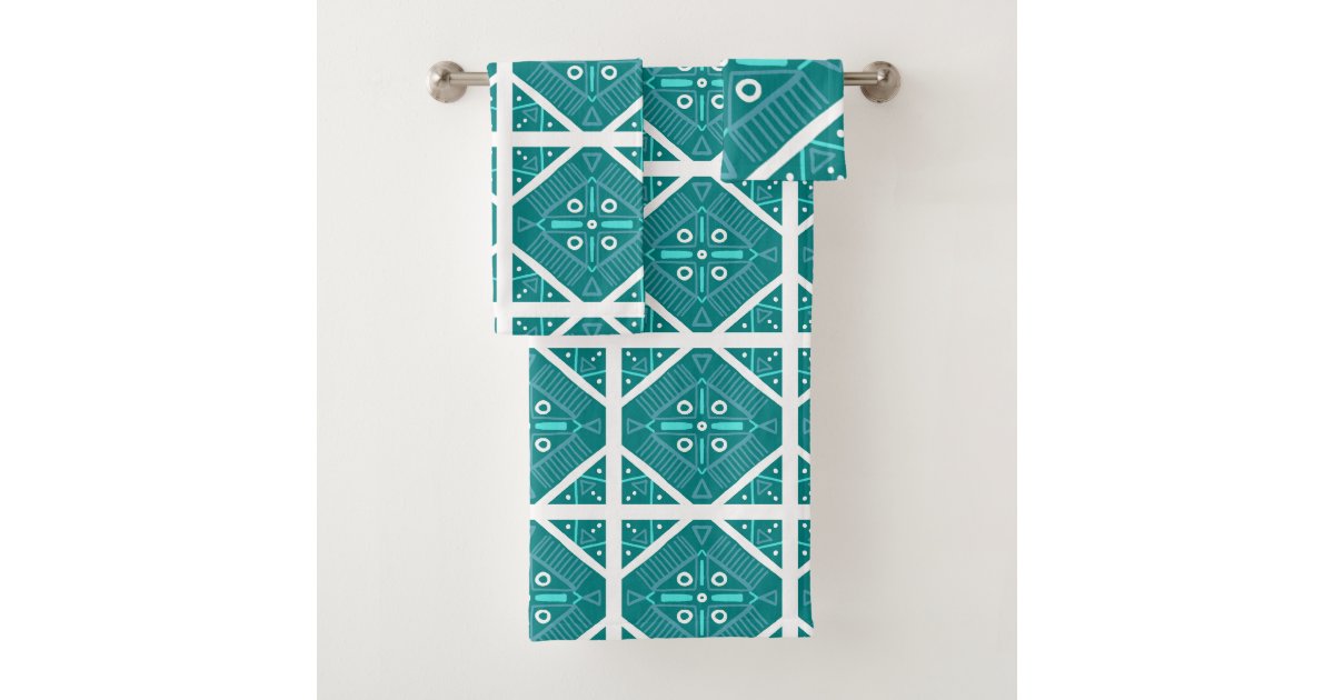 Geometric Teal Tile Print Pattern Aqua Blue Bath Towel Set | Zazzle