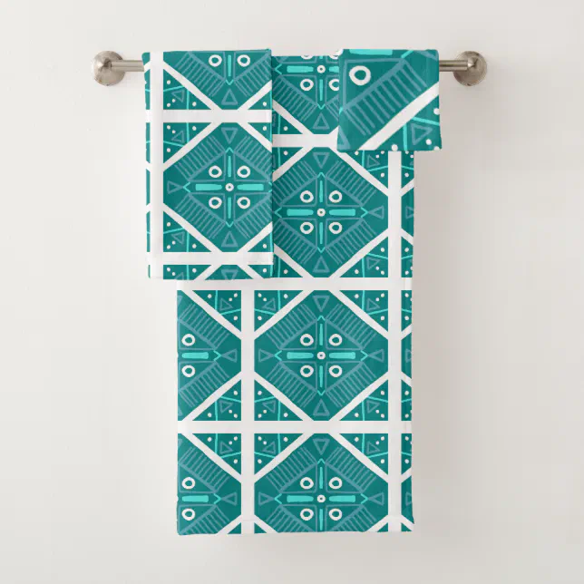 Geometric Teal Tile Print Pattern Aqua Blue Bath Towel Set | Zazzle