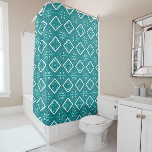 Geometric Teal Tile Print Pattern Aqua Blue Shower Curtain