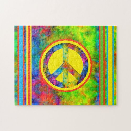 Geometric Tie_Dye Modern Stripes with Peace Sign Jigsaw Puzzle