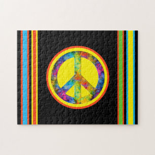 [Geometric Tie-Dye] Stripes with Peace Sign Black Jigsaw Puzzle