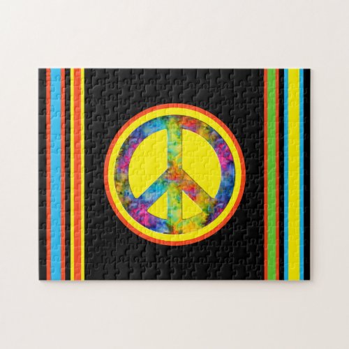 Geometric Tie_Dye Stripes with Peace Sign Black Jigsaw Puzzle