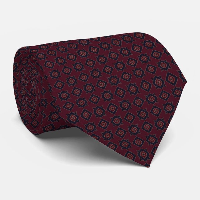 Geometric Tile Pattern in Cranberry, Navy & Gold  Neck Tie (Rolled)