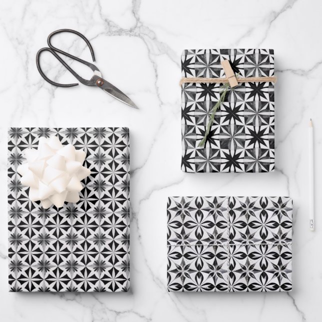 Geometric Tile Pattern with Floral Diamond Motifs Wrapping Paper Sheets (Front)