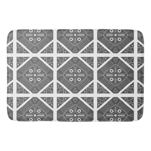 Geometric Tile Print Pattern Gray White Bath Mat