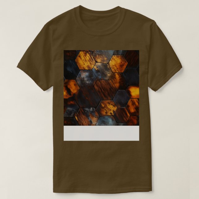Geometric Timber Crystalline Hexagons in Amber and T-Shirt (Design Front)