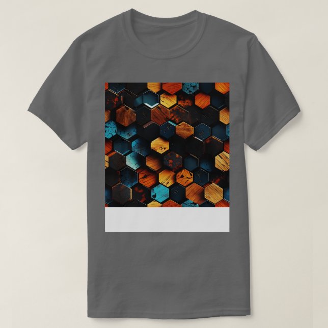Geometric Timber Crystalline Hexagons in Amber and T-Shirt (Design Front)
