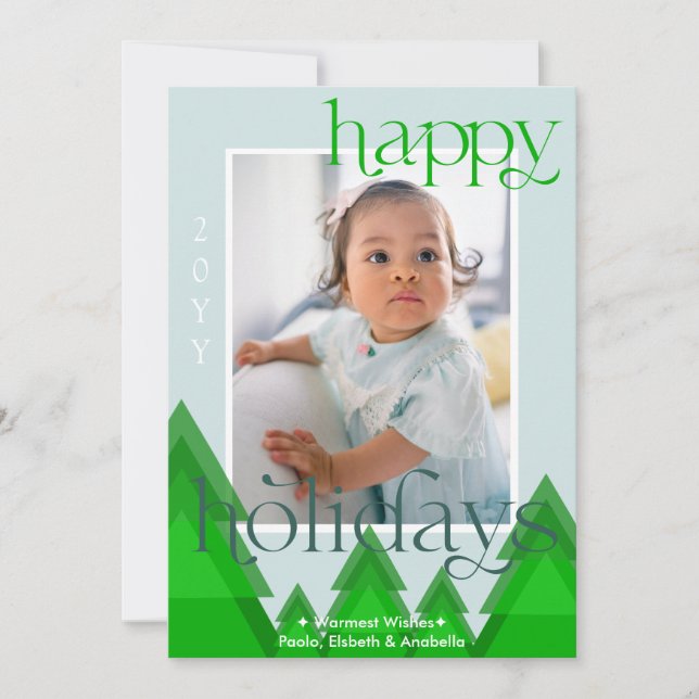 Geometric Trees Modern Blue Green Photo Holiday Card (Front)