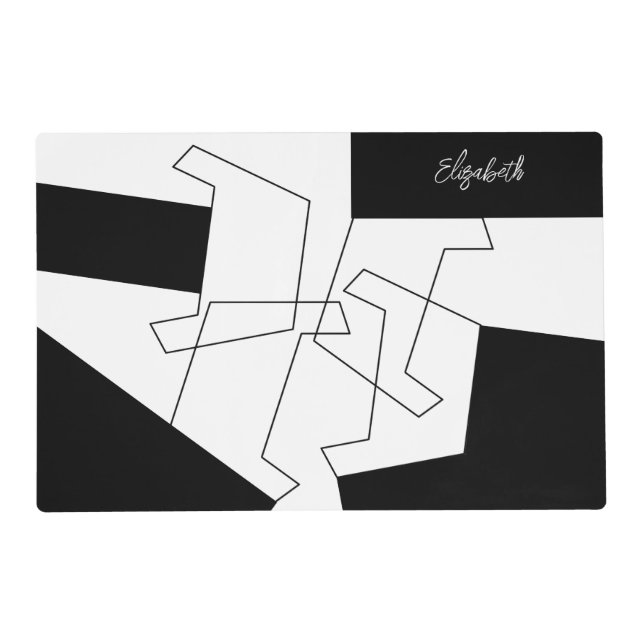 Geometric Trendy Black And White Monogrammed Placemat (Front)