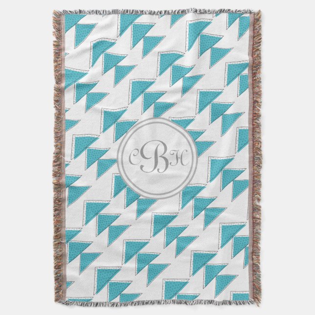 Geometric Triangle Aqua and Gray Monogram Pattern Throw Blanket (Front Vertical)