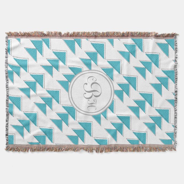 Geometric Triangle Aqua and Gray Monogram Pattern Throw Blanket (Front)