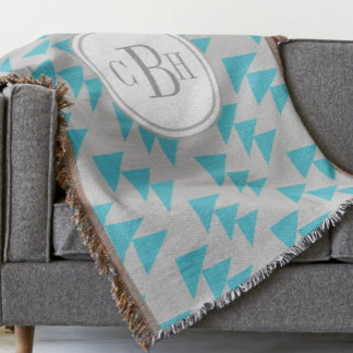 Geometric Triangle Aqua and Gray Monogram Pattern Throw Blanket