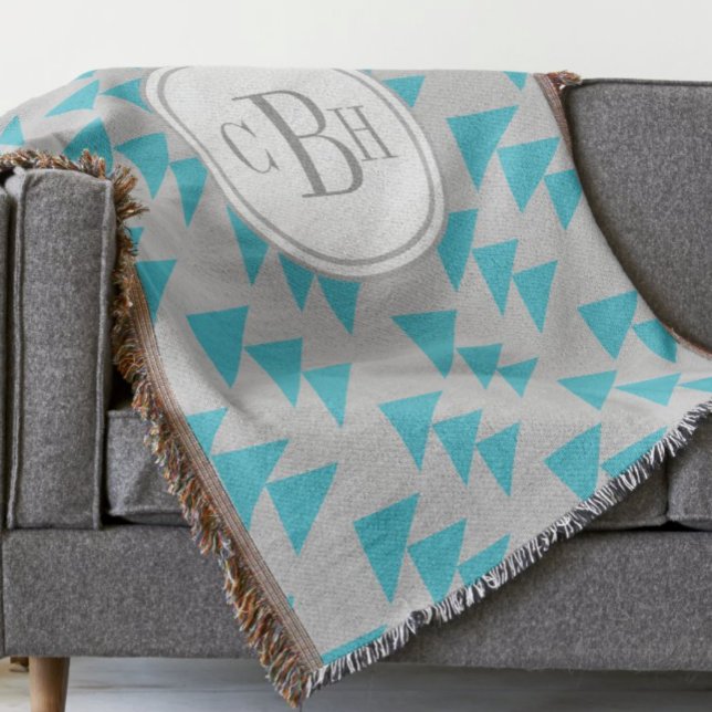 Geometric Triangle Aqua and Gray Monogram Pattern Throw Blanket (Creator Uploaded)