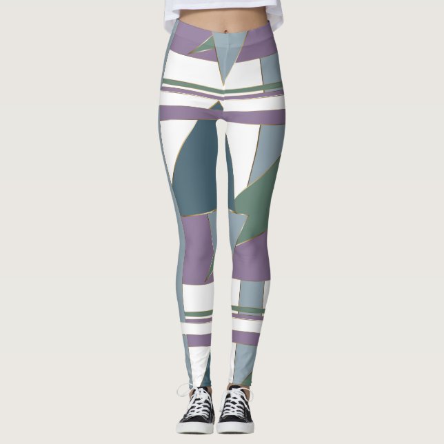 Geometric Triangle Pattern  Blue Violet Green Leggings (Front)