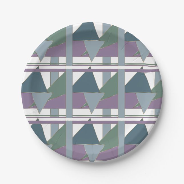 Geometric Triangle Pattern  Blue Violet Green Paper Plates (Front)