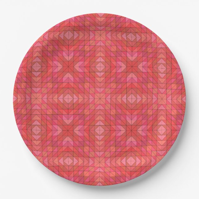 Geometric Triangles and Diamonds In Red And Pink Paper Plates (Front)