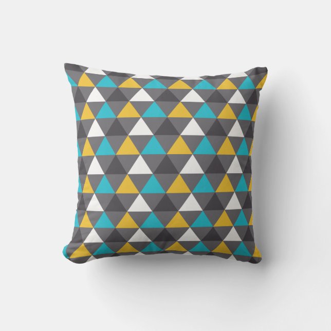 Geometric Triangles Gray Blue Yellow Pattern Throw Pillow (Front)