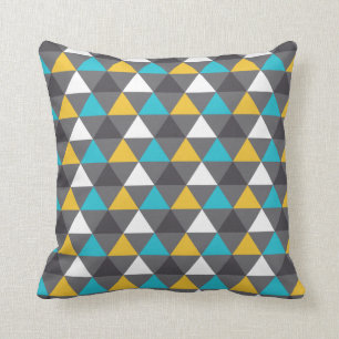Geometric Triangles Gray Blue Yellow Pattern Throw Pillow