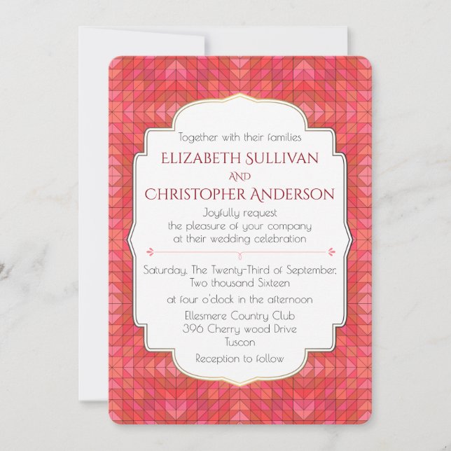 Geometric Triangles In Red And Pink Wedding Invitation (Front)