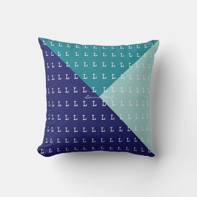 Geometric Triangles & Initials Pattern Blue Outdoor Pillow (Front)