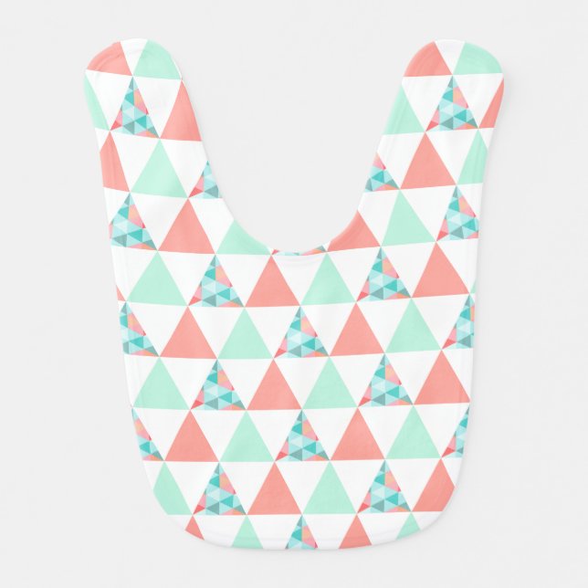 Geometric Triangles Mint Green Coral Pink Pattern Baby Bib (Front)