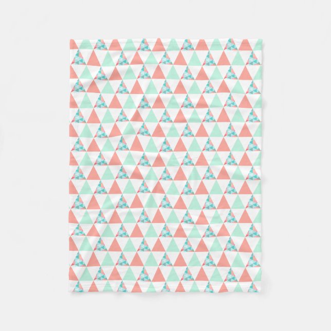 Geometric Triangles Mint Green Coral Pink Pattern Fleece Blanket (Front)