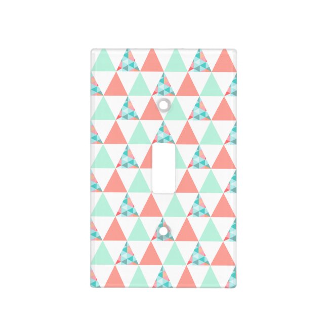 Geometric Triangles Mint Green Coral Pink Pattern Light Switch Cover (Front)