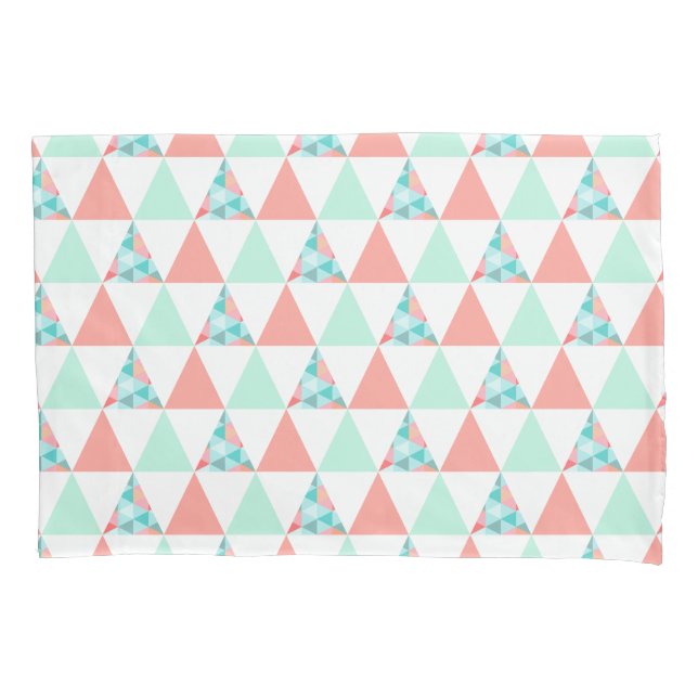 Geometric Triangles Mint Green Coral Pink Pattern Pillow Case (Front)