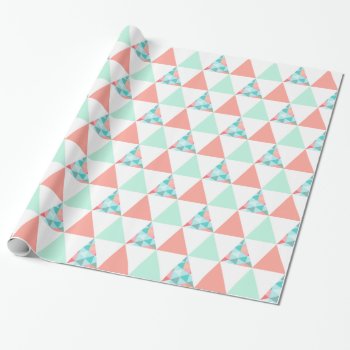 Geometric Triangles Mint Green Coral Pink Pattern Wrapping Paper by VintageDesignsShop at Zazzle
