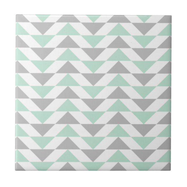 Geometric Triangles Mint Green Gray White Pattern Ceramic Tile (Front)