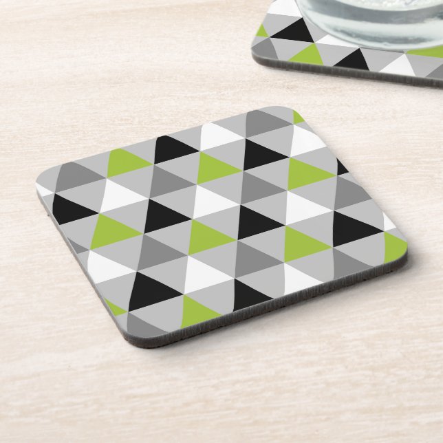 Geometric Triangles Pattern Gray Lime Green Black Beverage Coaster (Left Side)