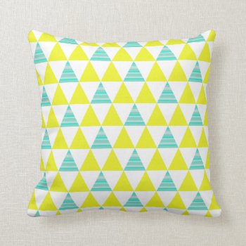 Geometric Triangles Pattern In Yellow White Aqua Throw Pillow by VintageDesignsShop at Zazzle