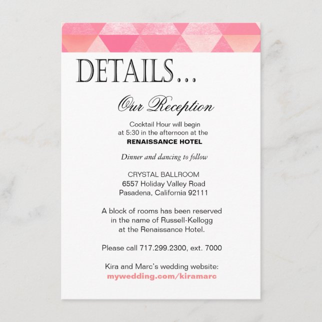 Geometric Triangles Reception Details | pink mauve Enclosure Card (Front)