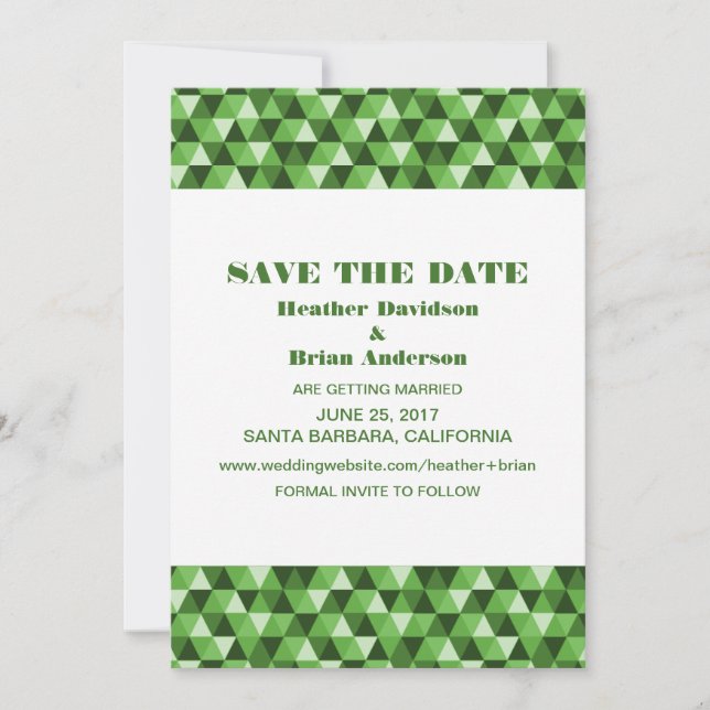 Geometric Triangles Save the Date Invite, Green Invitation (Front)