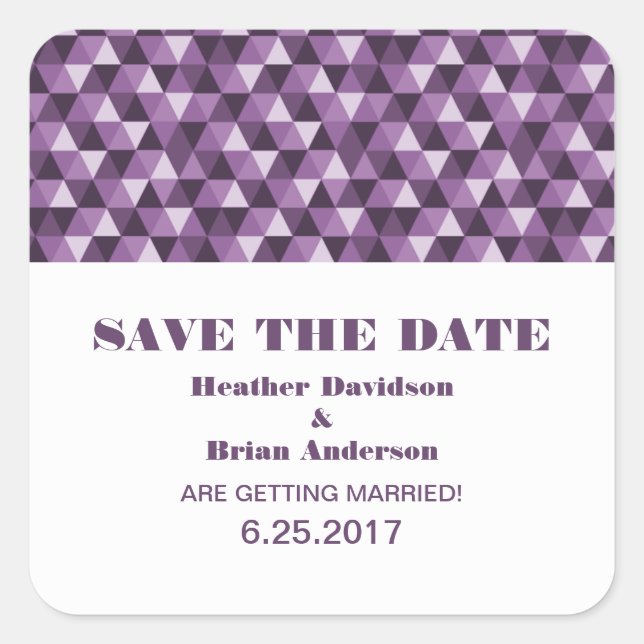 Geometric Triangles Save the Date Stickers, Purple Square Sticker (Front)