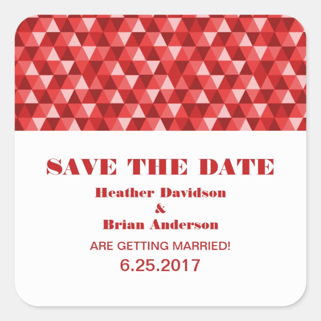 Geometric Triangles Save the Date Stickers, Red Square Sticker (Front)