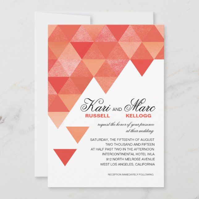 Geometric Triangles Wedding | coral peach Invitation (Front)