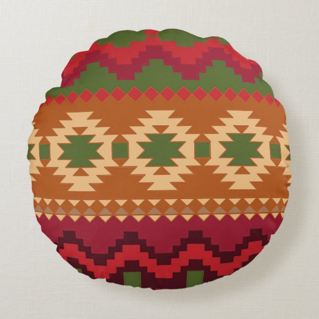 Geometric Tribal Aztec Colorful Pattern Round Pillow (Front)