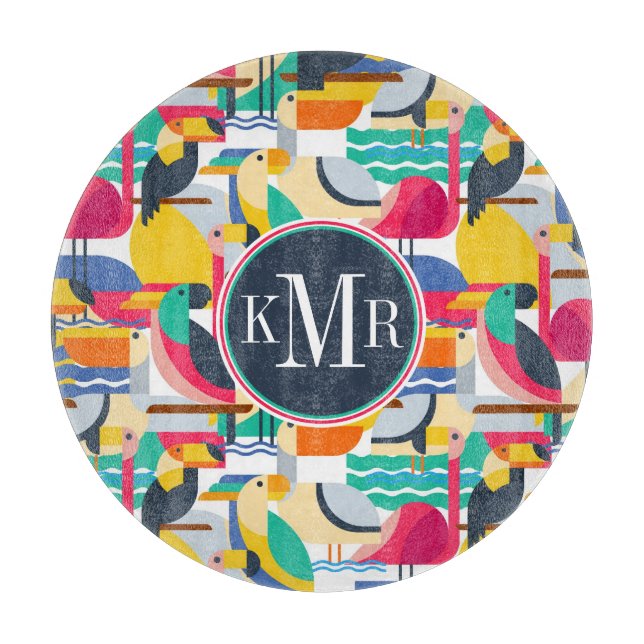 Geometric Tropical Birds | Monogram Cutting Board (Front)