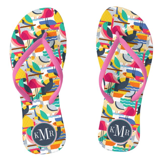 Geometric Tropical Birds | Monogram Flip Flops (Footbed)