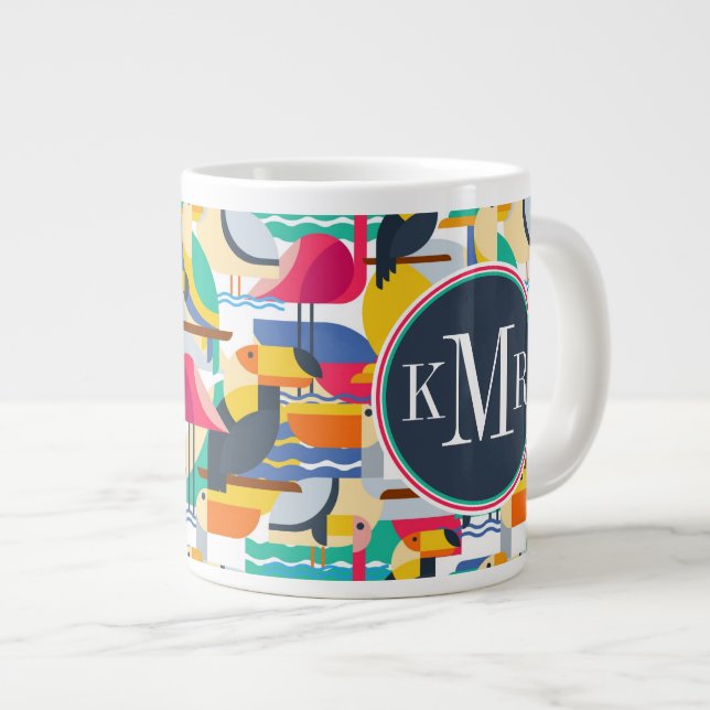 Geometric Tropical Birds | Monogram Giant Coffee Mug (Front Right)